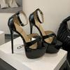 One-word High Heels Summer New Versatile Show 16 Cm Stiletto Black Sandals