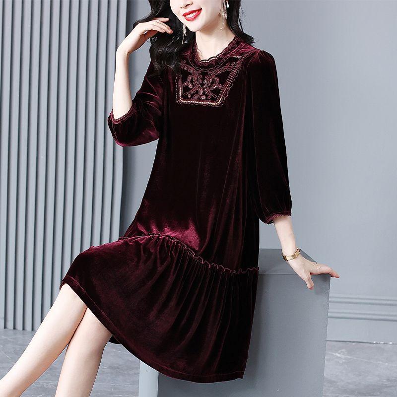 Женское платье из золотого бархата Весна Осень Круглый вырез Однотонное А-силуэт Платье Миди Длины