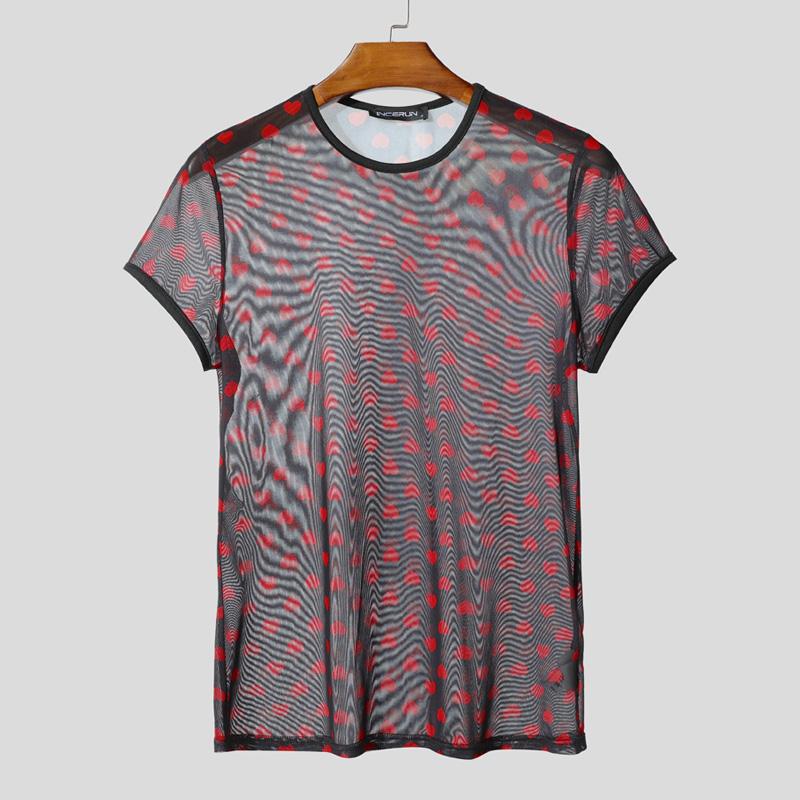 INCERUN Men Short Sleeve Mesh Sheer Print Party Club T-shirts Tee