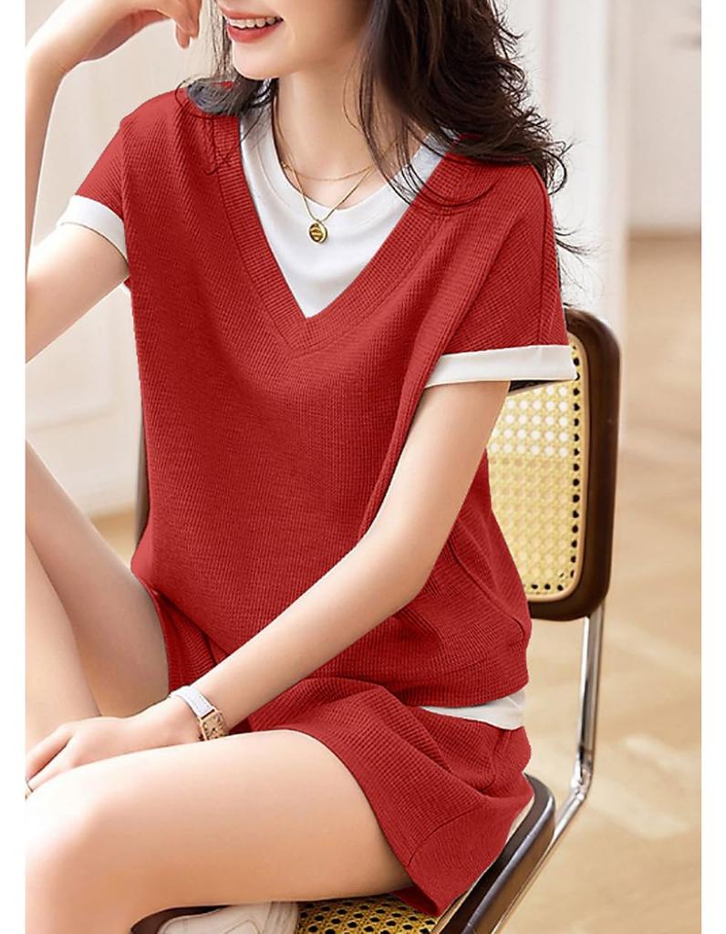 Fashion Casual Shirt Short Sleeve Pants Top and Bottom Set Room Wear Tops Shorts Cute Shorts [SpringSwallow] Women's (Red XL)