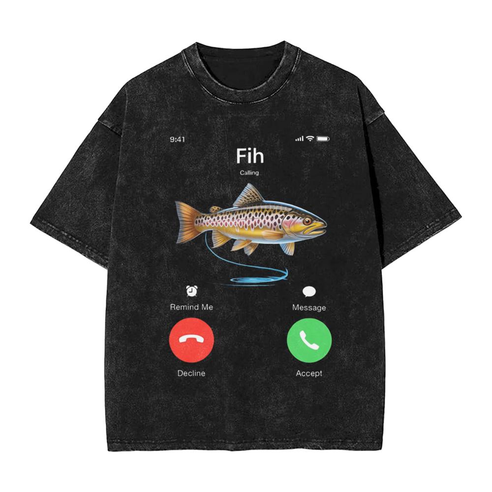 Fih Напоминание о звонке Сообщение Отклонить Принять Телефонный звонок Рыба Забавные Стиранные Футболки Новизна Футболки Уличная одежда Пляжные Хлопковые Футболки