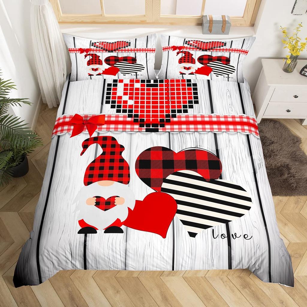 День святого Валентина King Пододеяльник Романтический комплект постельного белья Kawaii Парочка Гном Одеяло Чехол Розовые розы Сердца Полиэстер Одеяло Чехол