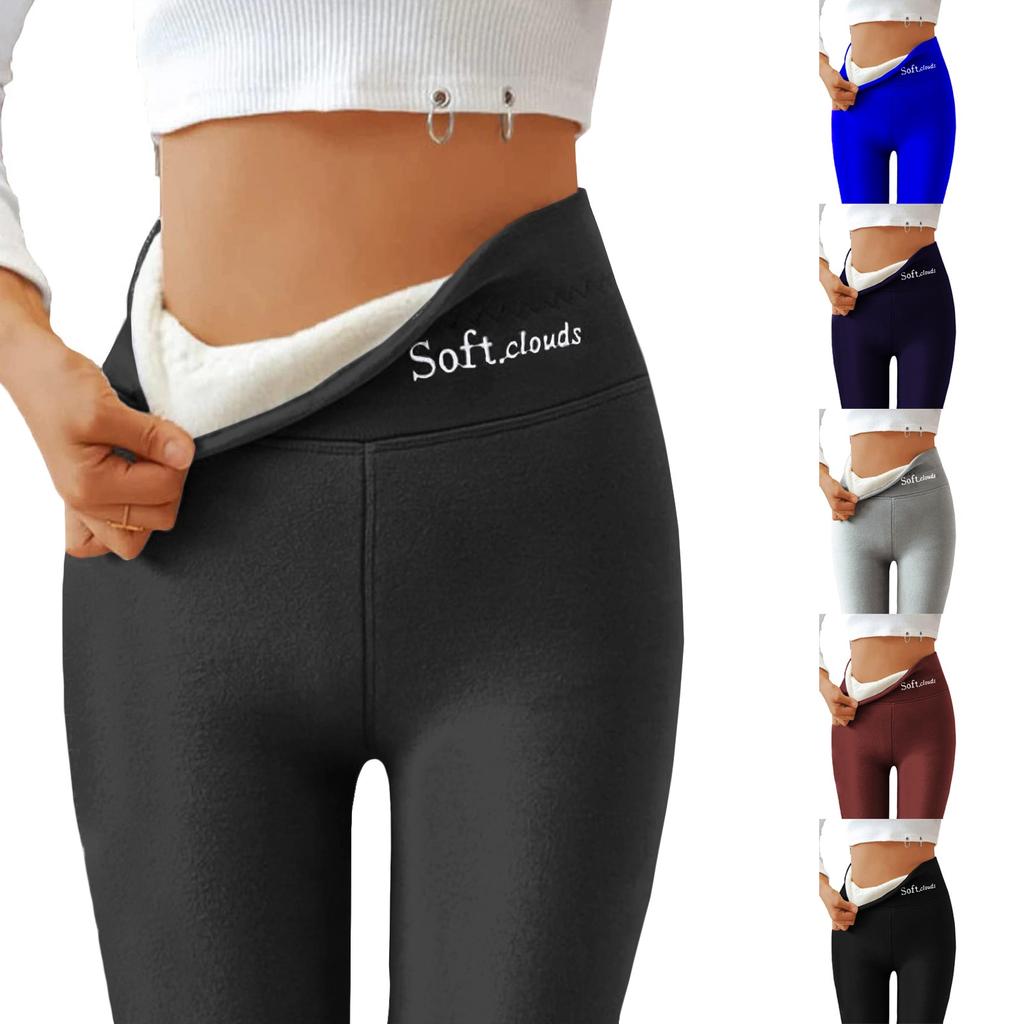 Women's High Waist Casual Pants Solid Color Fleece Thermal Leggings Winter Long Fleece Trousers Plush Running