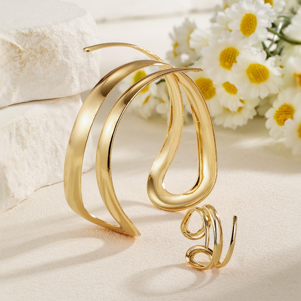 Smooth Bracelet and Ring Set Exaggerated Open Bangle Jewelry for Party, Daily Wear