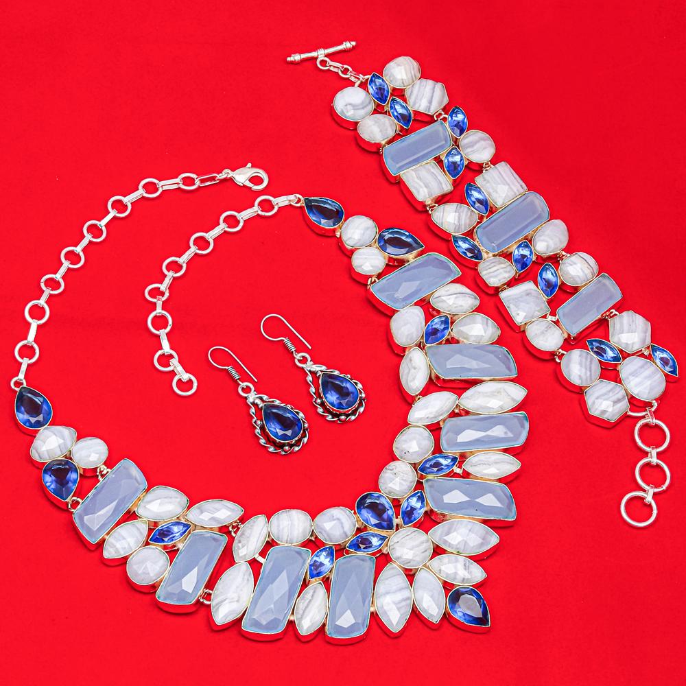 Комплект украшений из граненого синего кружевного агата и швейцарского синего кварца, колье 16-18 дюймов