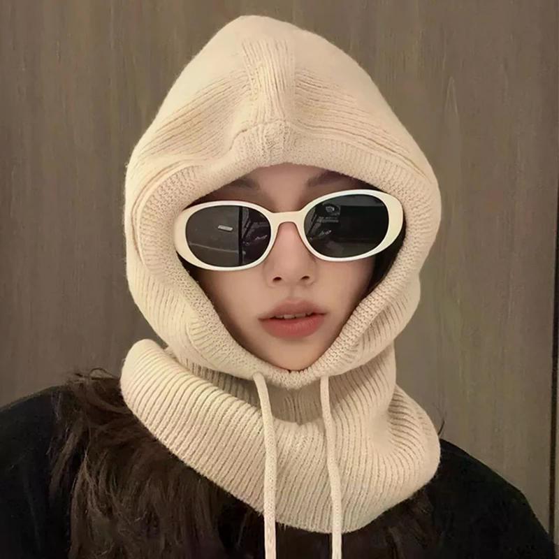 Korean Balaclava Hat Women's Winter Warm Hat Scarf Couple Style Wool Knitted Hat