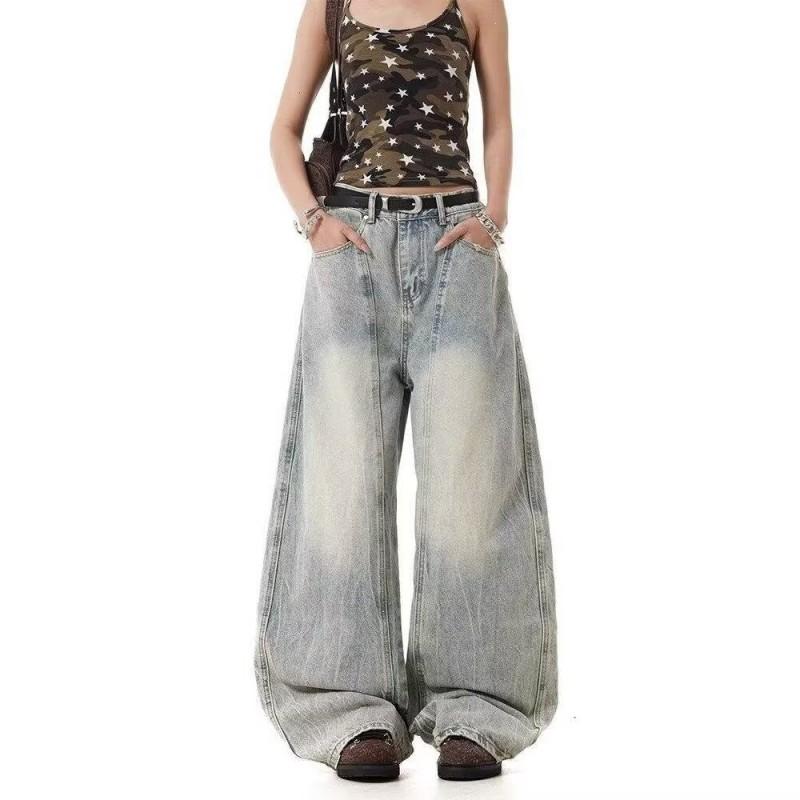 Retro Washed Deconstructed Denim Pants Unisex Wide Leg Relaxed Fit Straight Cut