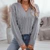 Women's Fashion Casual Loose Solid Color Pullover Retro Cable V-Neck Long Sleeve Knit Sweater