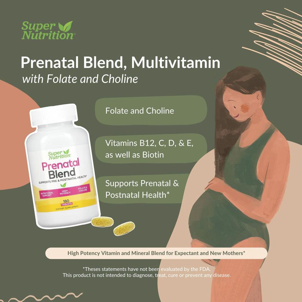 Super Nutrition Prenatal Blend, Multivitamin with Folic Acid and Choline, 180 Tablets