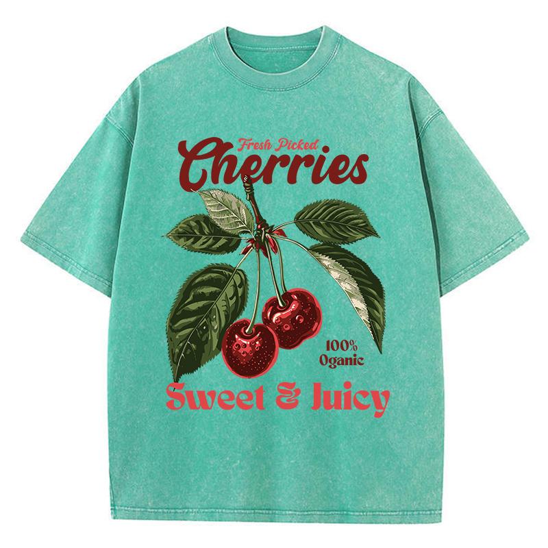 Fresh Picked Cherries Cottonwashed T Shirts Women Sweet Fruit Print T-Shirt Distressed Oversize O-Neck Tops Street Woman Clothes