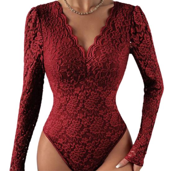 Women Bodysuit Flower Embroidery Lace Elastic Deep V Neck See-through Long Sleeve Solid Color Slim Fit Soft Breathable Spring Playsuit