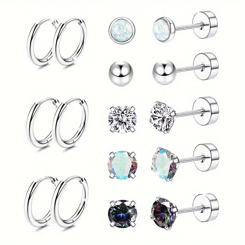 Simple Fashion Stud Earrings Stainless Steel with Micro-Inlaid Zircon Geometric Shape Open Body Piercing Jewelry