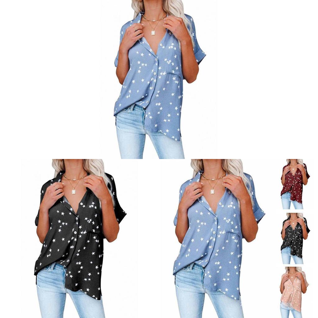 Starry Print Chiffon Blouse With Button Front For Casual Summer Wear