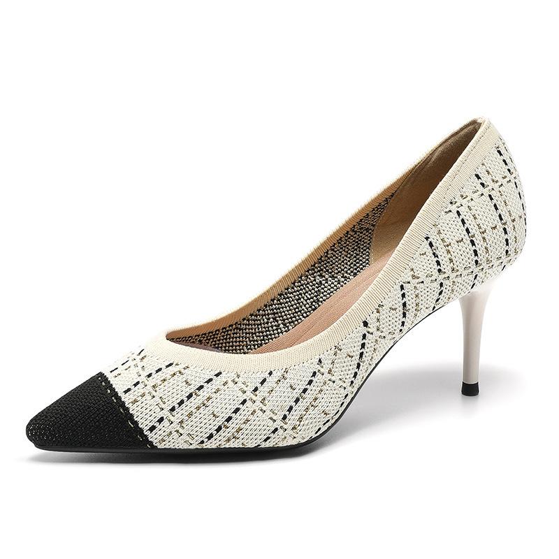 Женские туфли большого размера на каблуках-шпильках с острым носком, повседневные, Flyknit, с мелким вырезом, однотонные, на высоком тонком каблуке, размеры 38-43