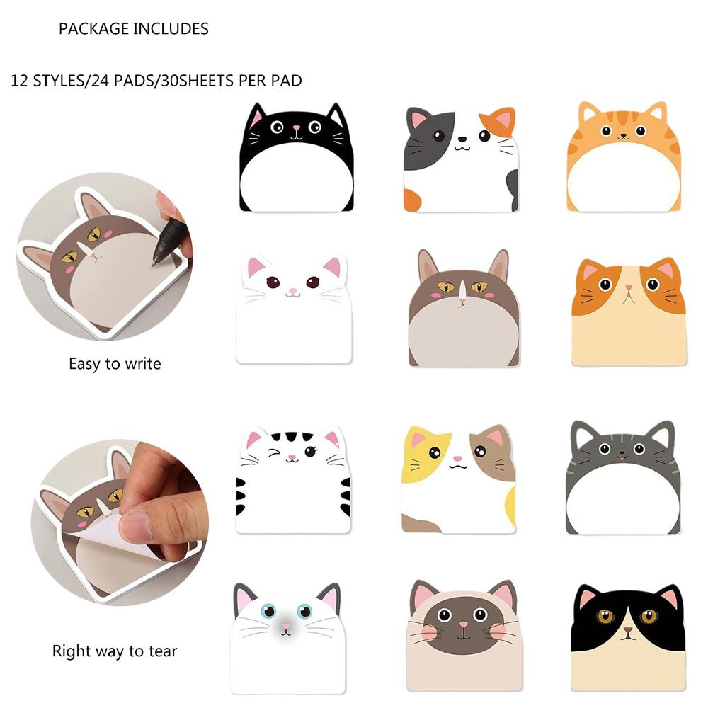 12PCS Cute Cat Sticky Note Paper 30 Sheet/Pad Self-ashesive Memo Pad Reminder On Fridges Door Computer Whiteboard