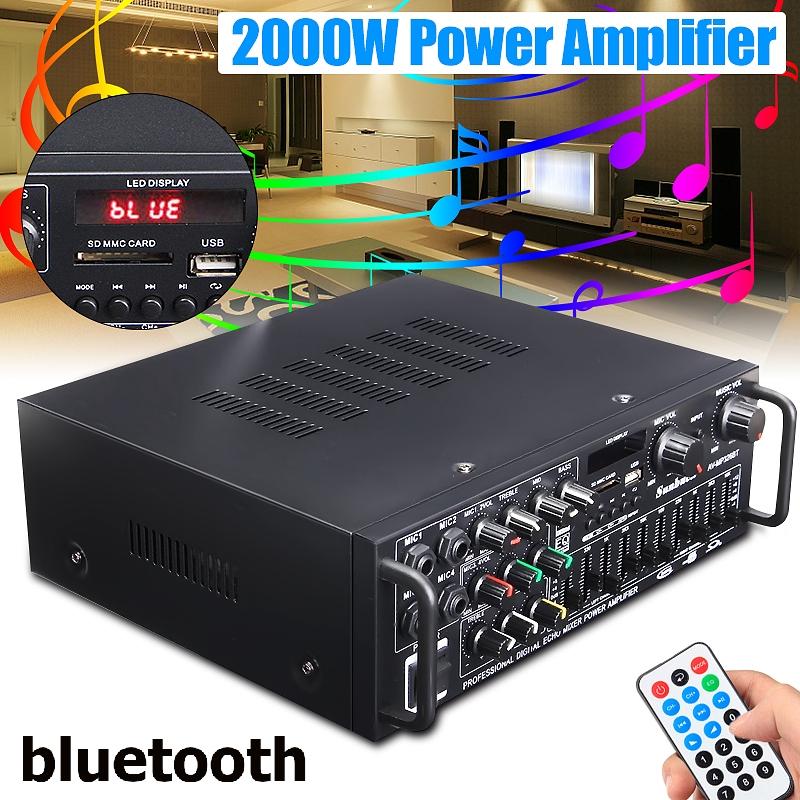 2000W 326BT 12V/110V Bluetooth 2.0 Channel Audio Power HiFi Amplifier Stereo AV Amp Speaker Support 4 Microphone with Remote