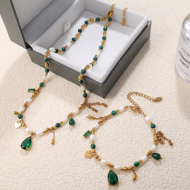 Titanium steel necklace & premium zircon natural pearl bracelet set - unique & versatile