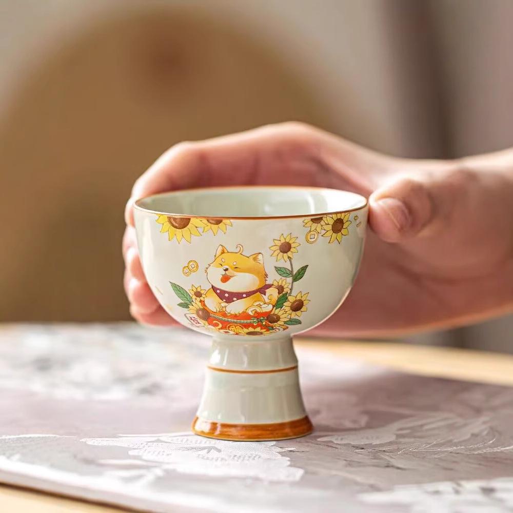 Plant Ash High-Footed Teacup Ceramic Household Cute Rich Dog Girls Hospitality Master Cup Single Cup Tea Kung Fu Tea Set