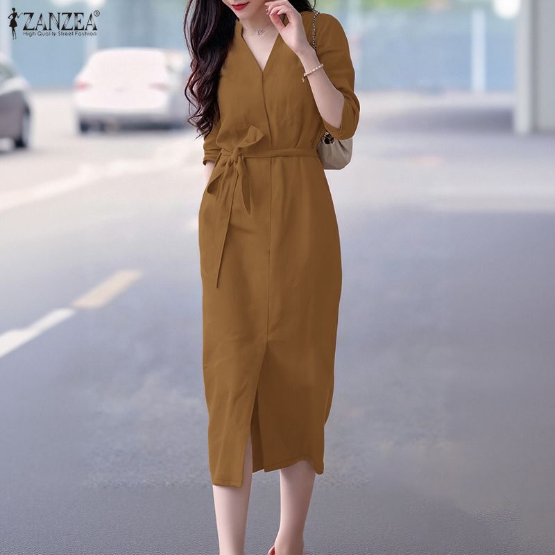 ZANZEA Женское повседневное платье-футляр с V-образным вырезом и длинными рукавами, однотонное