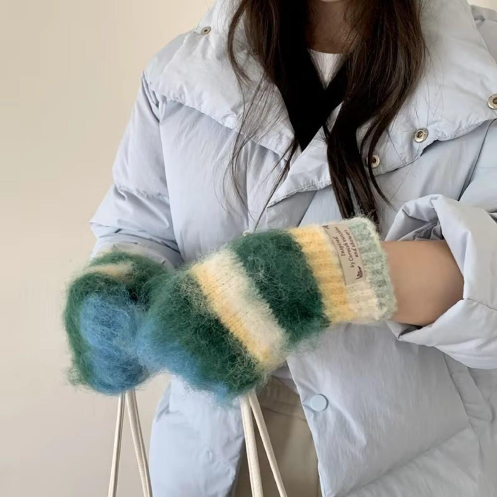 Plush Striped Knitted Hat Warm Wool Hat Comfortable Hat Gloves Set Women