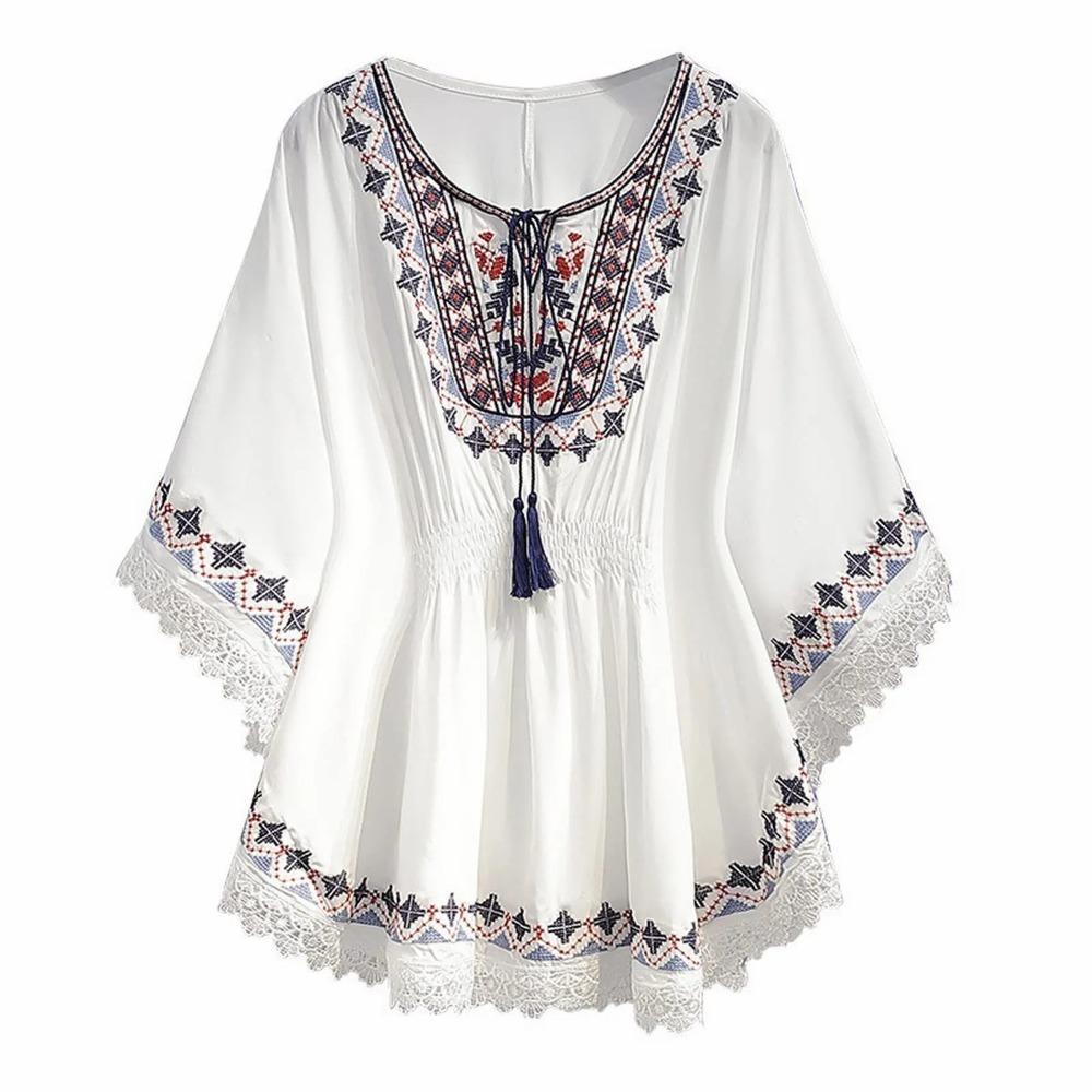 Embroidery Short Sleeve T Shirt Lace-up Tassel Ethnic Style Tops Bohemian Style T-shirt Women