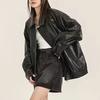 Женская куртка из искусственной кожи с длинными рукавами и отложным воротником, свободная посадка, карман на молнии, сплошной цвет, винтажное женское пальто большого размера в американском стиле
