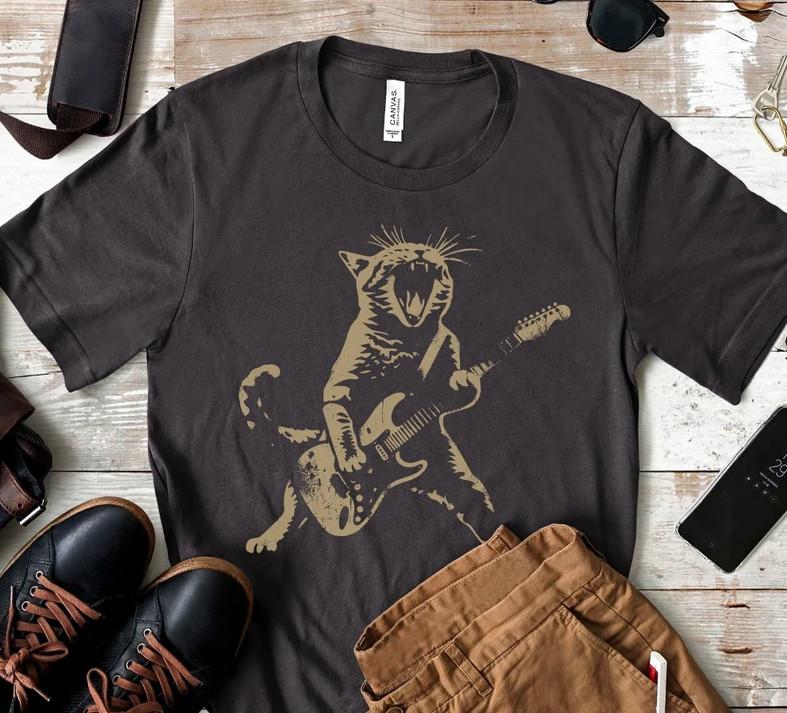 Rock Cat Playing Guitar Shirt and Tank Top: Funny Guitar Cat T-Shirt