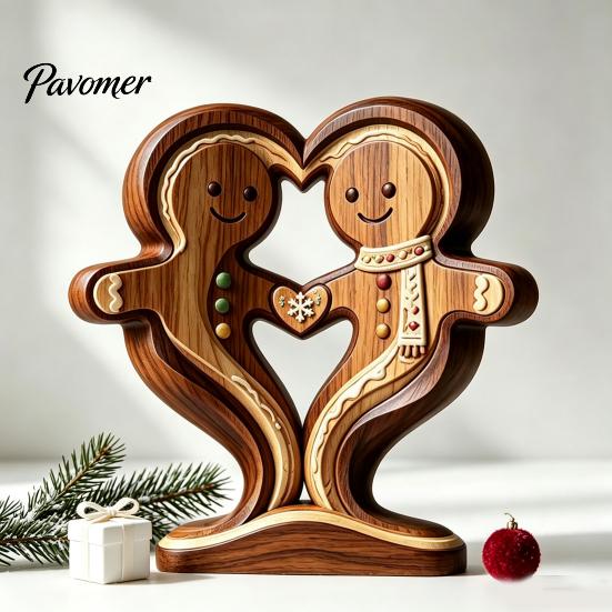 Gingerbread Man Owl Fox Penguin Statues Wooden Animal Ornament with Stable Base, Double Layer Carved Figurine, Unique Wood Art for Home Heart