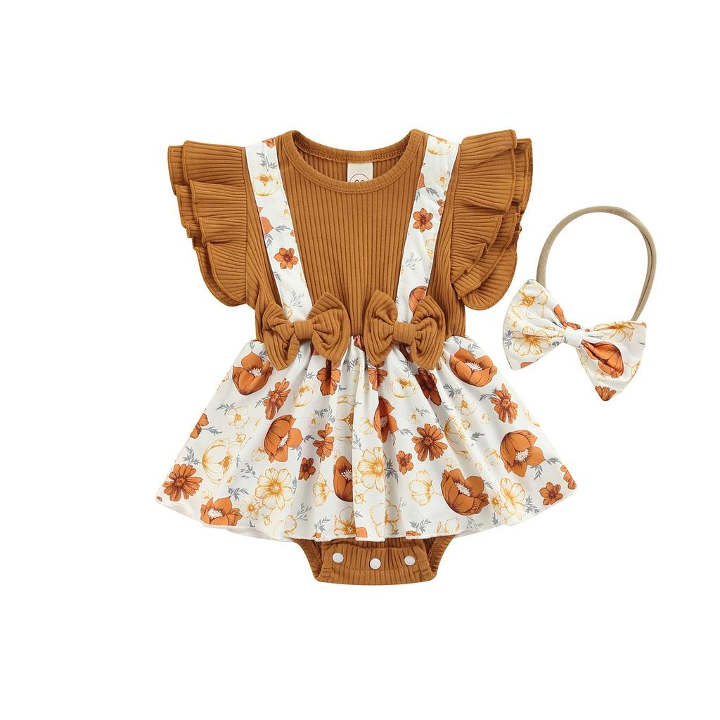 Летний комбинезон для маленьких девочек, платье с рюшами на рукавах и цветочным принтом, лоскутное боди + повязка на голову с бантом