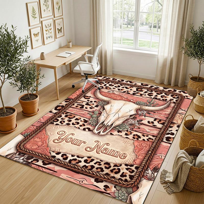 Western Animal Skull Theme Soft Crystal Velvet Rug Custom Name & Text Print Non Slip Floor Rug for Bedroom Living Room