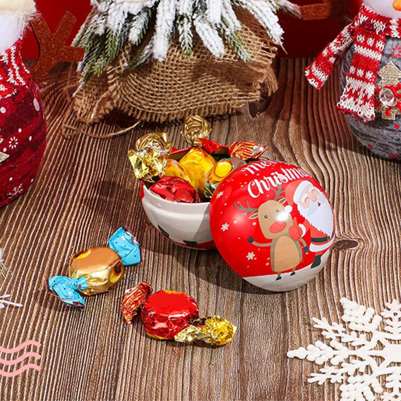 1PC Kids Favors Mini Tin Box Round Empty Case Santa Printing Candy Storage Case Round Ball Shaped