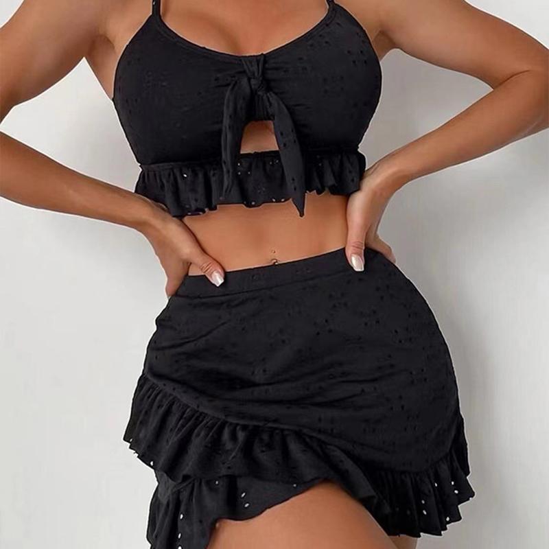 Solid Bikini Set High Waist Mesh Beach Style Swimwear Women Three-piece Flounce Summer Swimsuit Biquini Bathing Suit
