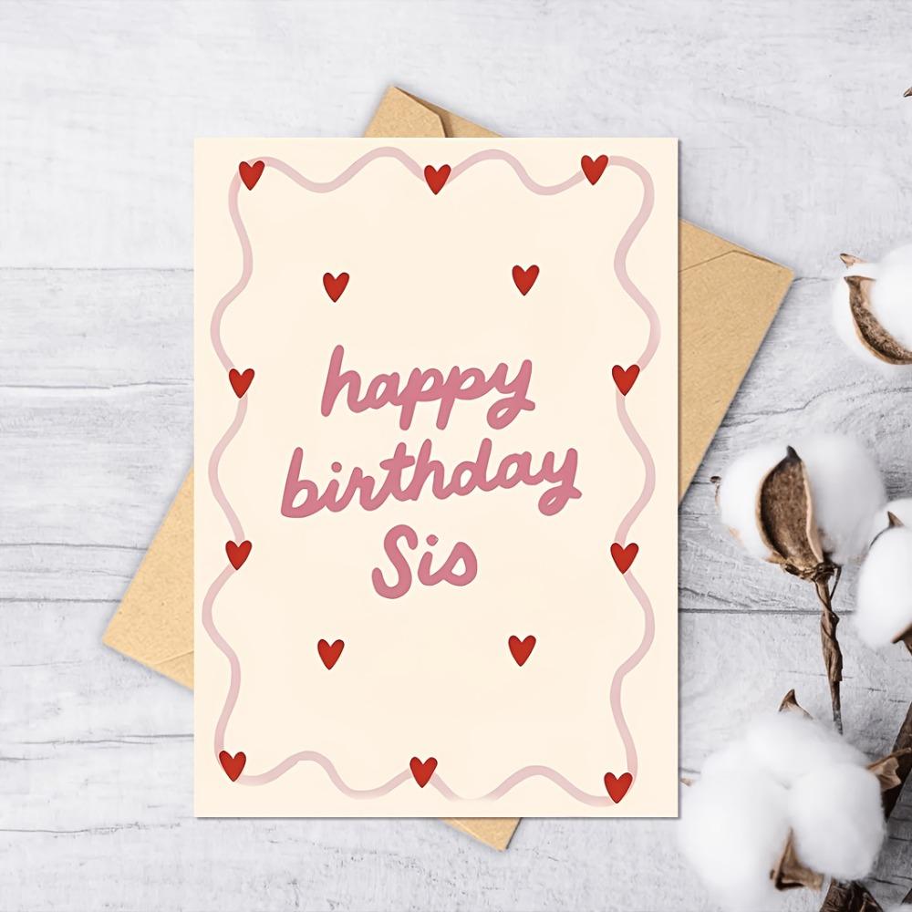 Милая волнообразная рамка в форме сердца С Днем Рождения Сестра Открытка Минималистичный розовый дизайн Открытка на День Рождения для Сестры с крафтовым конвертом