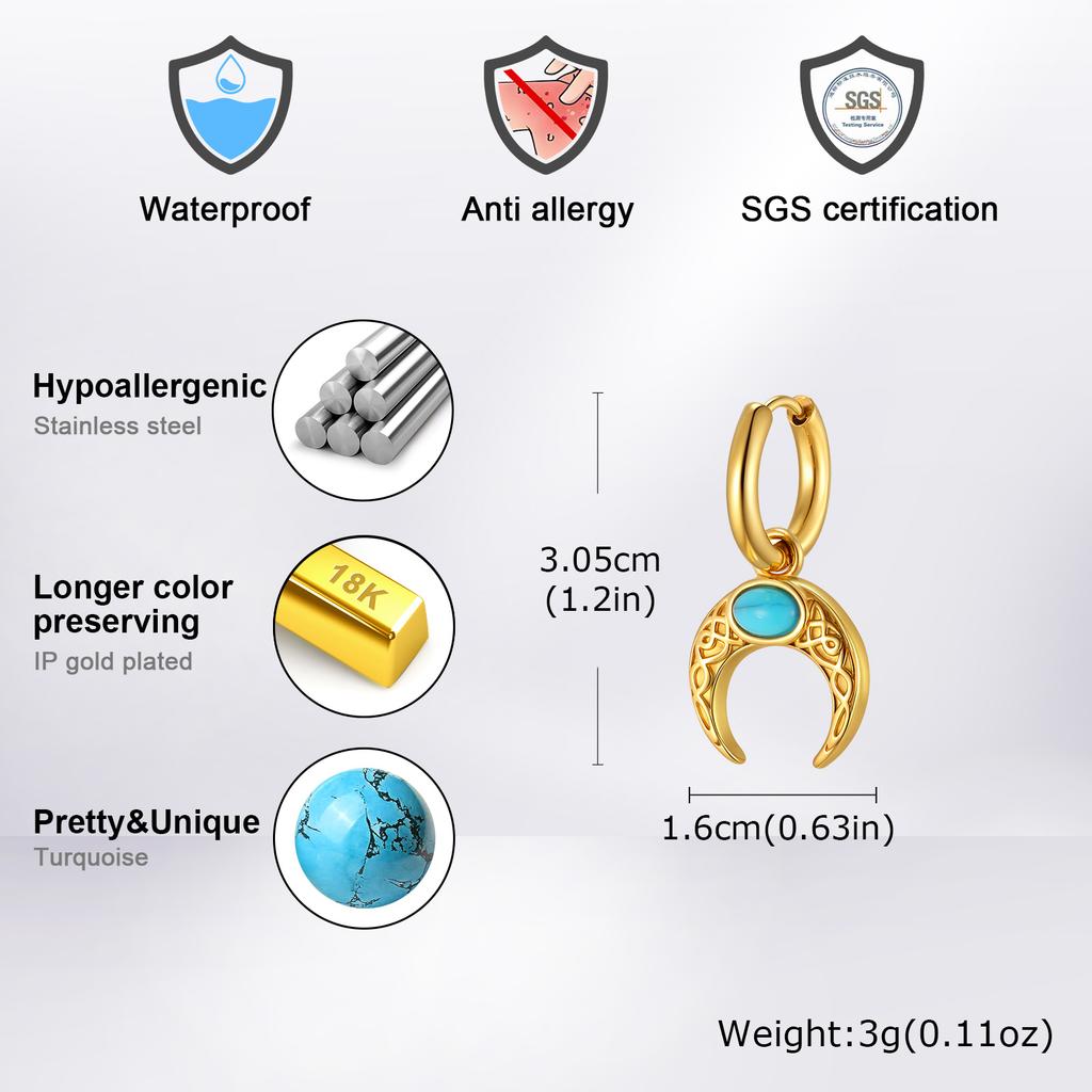 Vnox Винтажные Серьги-Подвески Луна из Нержавеющей Стали для Женщин Мужчин, Унисекс Серьги-Шармы с Натуральным Бирюзовым Камнем, Серьги-Украшения