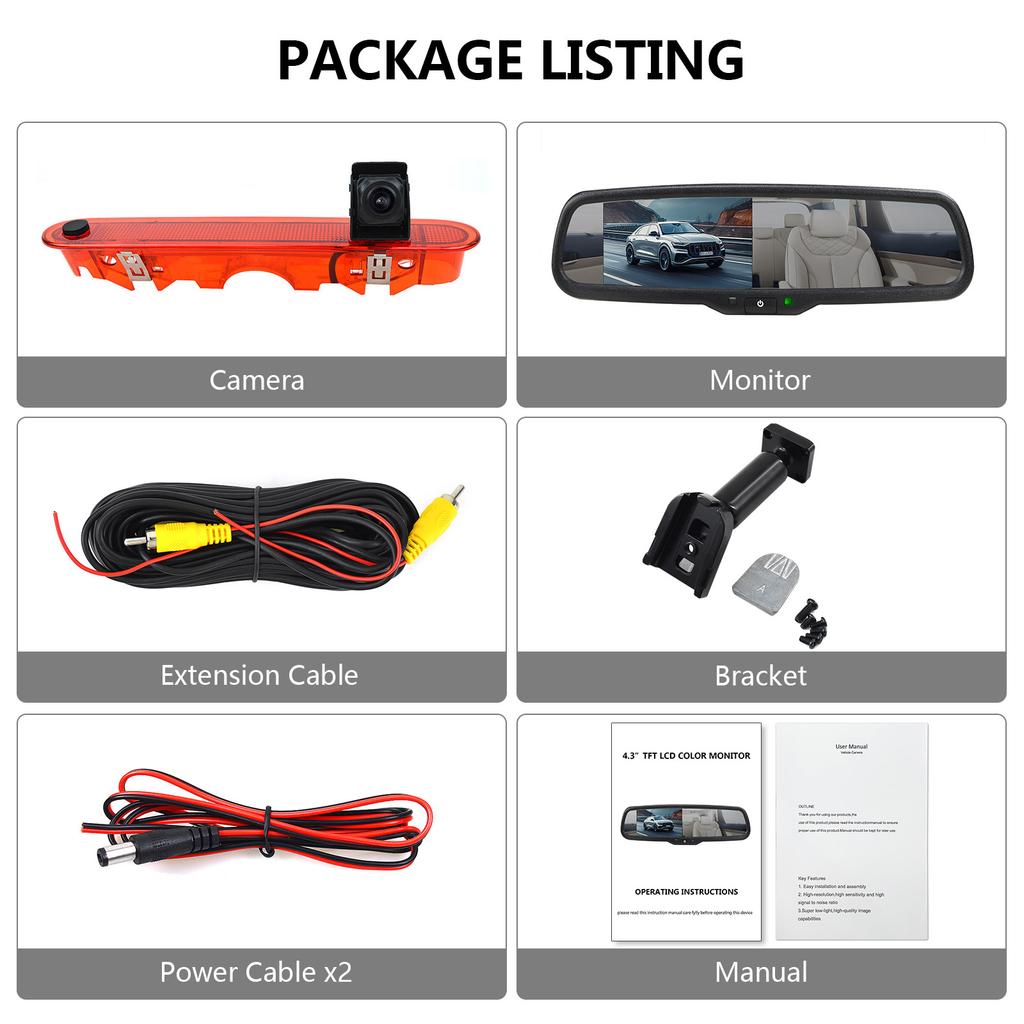 Brake Light Reversing Rear View Camera with 4.3" Mirror Monitor Kit for Renault Kangoo Mercedes-Benz Citan Reverse Backup Camera