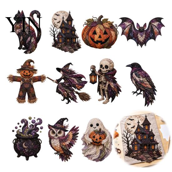 Holiday Sewing Kits for Enthusiasts Halloween Patchwork DIY Kit, Fabric Kit with Owl Skeleton Ghost Witch Designs, Crafting Seasonal Home Decor