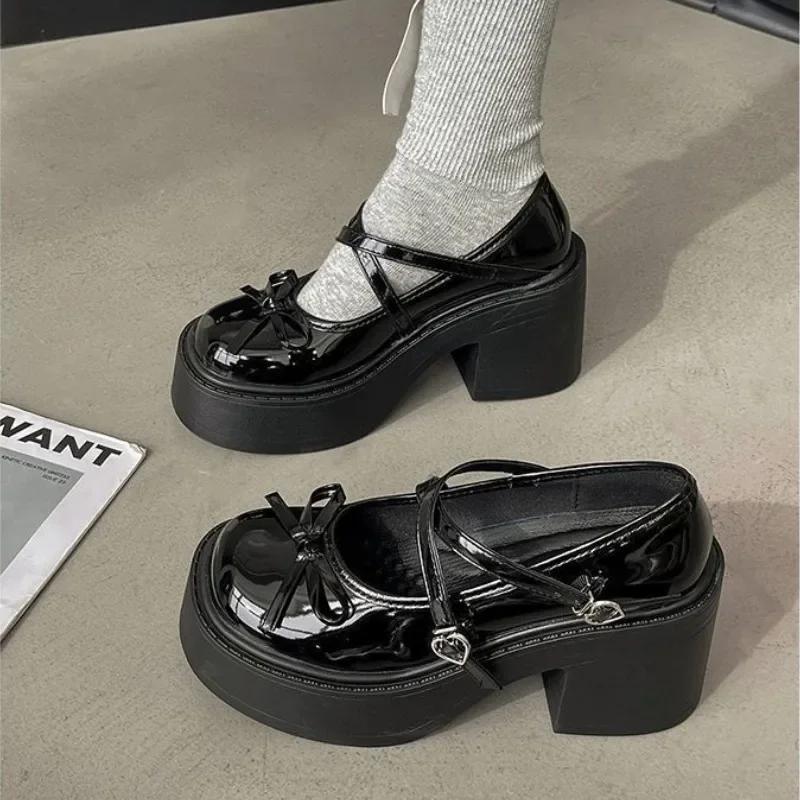 Women's Shoes Japanese JK Height Increasing French Leather Shoes 2024 Autumn New Bow Tie Thick High Heels Mary Jane Single Shoes