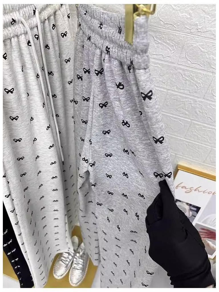 Брюки с высокой талией и широкими штанинами в корейском стиле с принтом бантиков для женщин - Миниатюрные и стройнящие, на начало осени