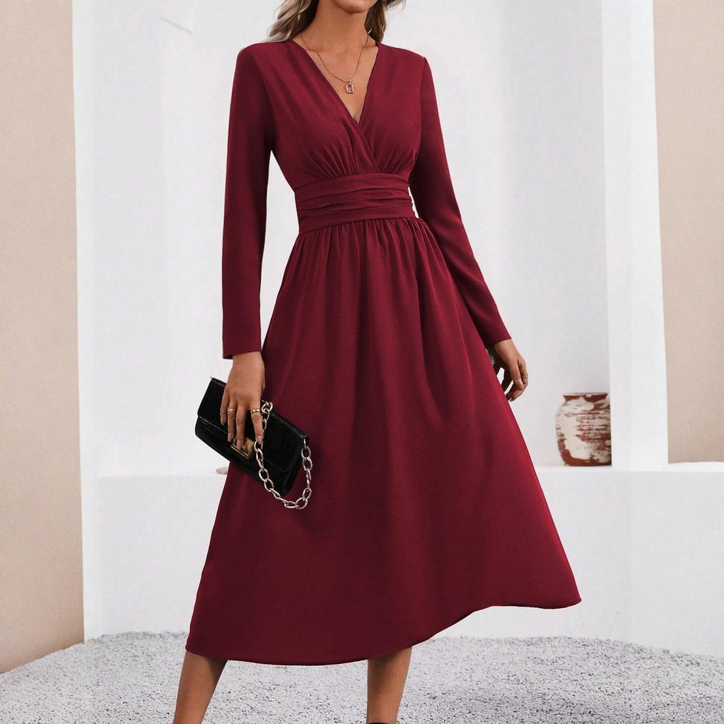 Женское модное однотонное платье с V-образным вырезом, длинными рукавами и плиссировкой
