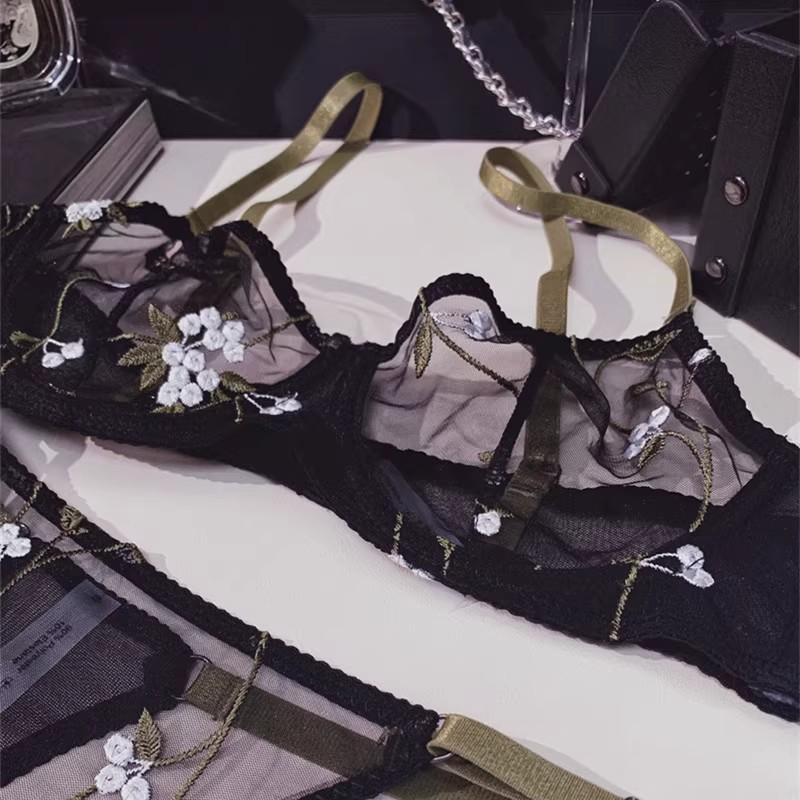 Сексуальный комплект бюстгальтера с французским кружевом и вышивкой: Прозрачный дизайн для похудения для большой или маленькой груди, уменьшает боковой жир, ультратонкий собирающий эффект