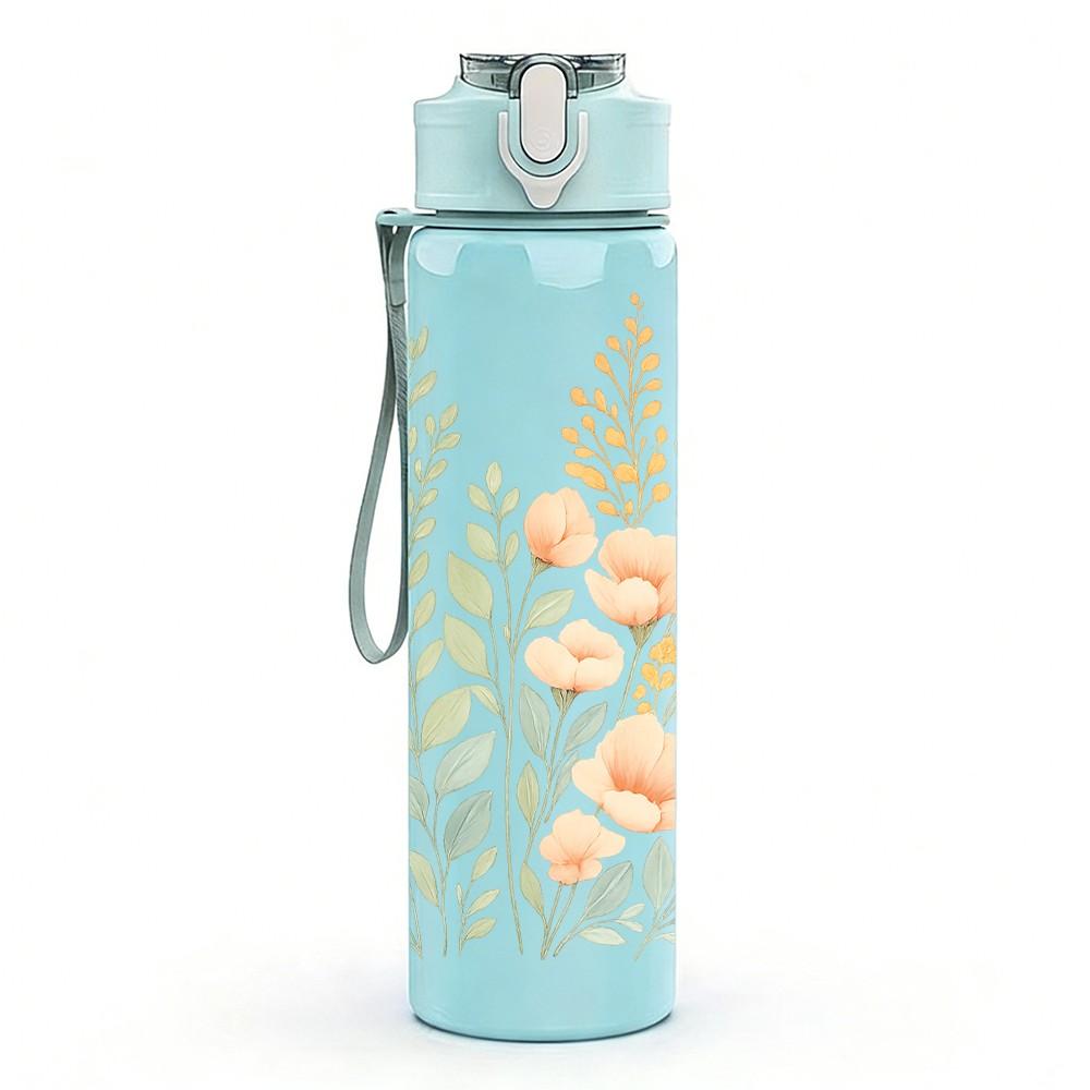1PC Light Green Leaf Bouquet Art 750ml Color Plastic Sports Water Bottle Leakproof Flip Straw Lid Suitable for Sports Office Home Use