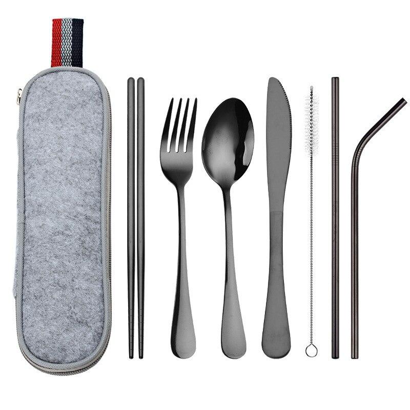Travel Dinnerware Set Portable Cutlery Camping Dinner Sets Stainless Steel Tableware Rainbow With Straw Kit Brush Chopstick Bag