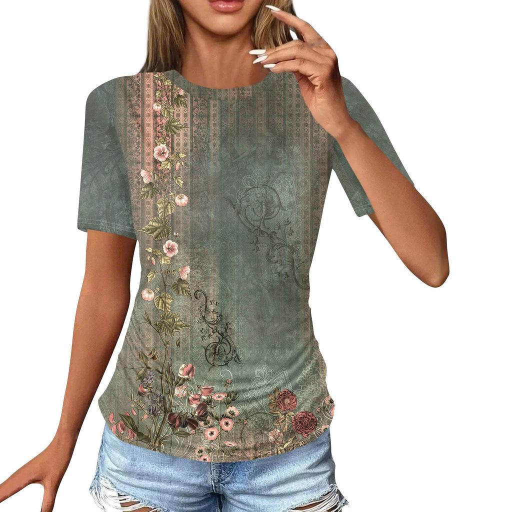 Women's T Shirts Fashion Casual Tops Round Neck Short Sleeve Printed Tunic