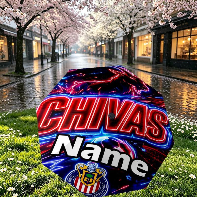 Custom Name Personalized Club Deportivo Guadalajara Print Umbrella, Auto Open Close, 8‑Rib Sturdy Frame, Commute Camping Hiking Use, Birthday Gift