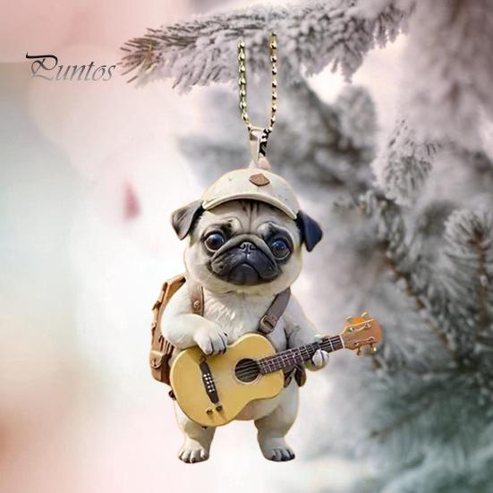 Гитара Собака Акриловые подвесные украшения для дома, комнатная рождественская елка, зеркало заднего вида автомобиля, 2D, плоский мопс, щенок, подвесное украшение, мультяшное животное, подвеска