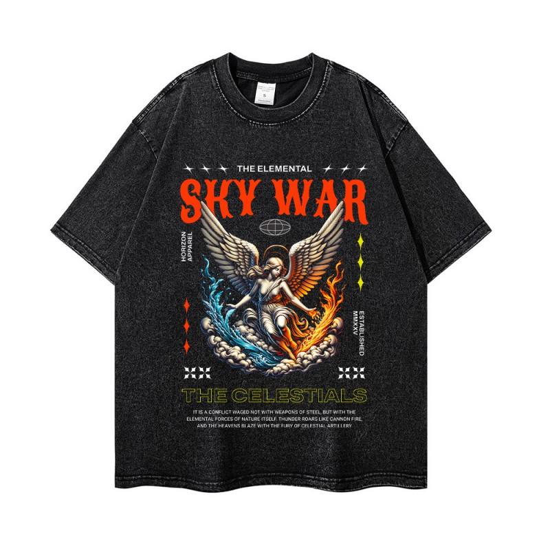 Mens Oversized Washed Cotton Tee With Vintage Dark Angel Print Loose Fit Short Sleeve T-Shirt