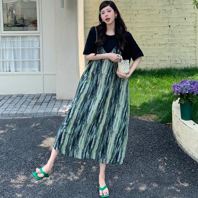 Платье большого размера 2025 женское летнее винтажное платье-обманка из двух частей базовое длинное свободное повседневное платье