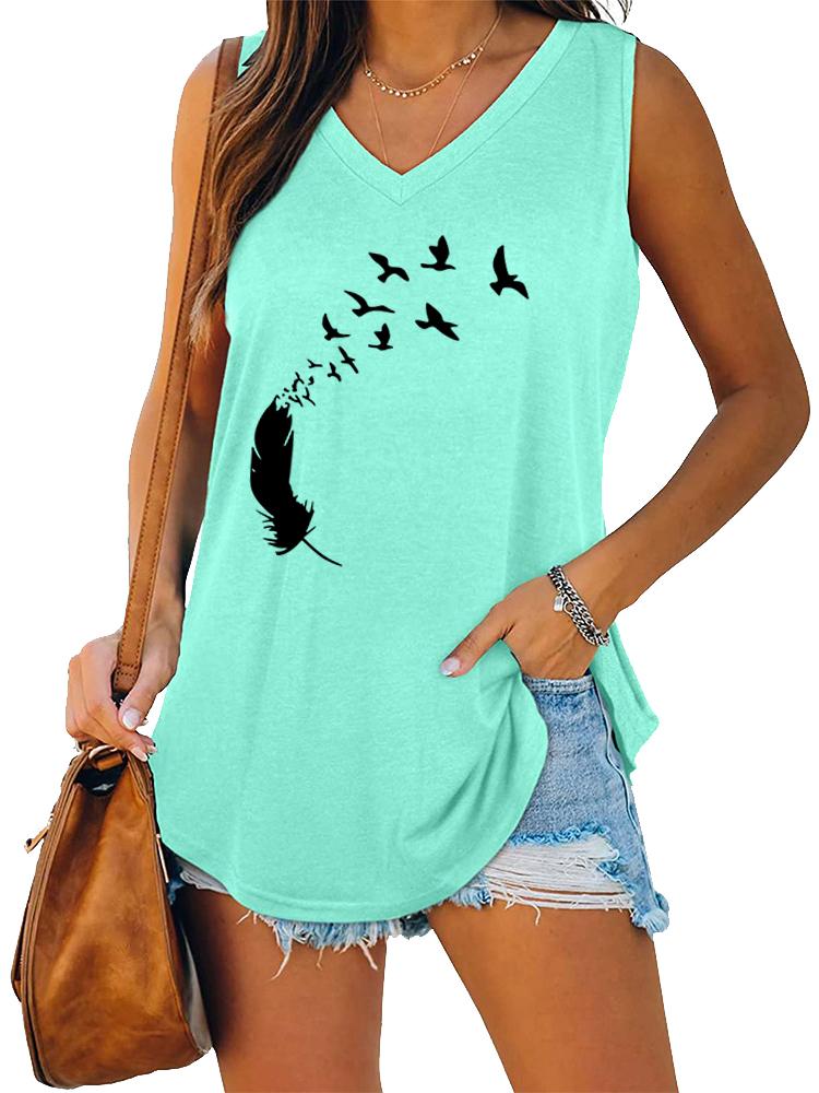 Women Fashion V Neck Tank Top Summer Casual Printed Sleeveless Top