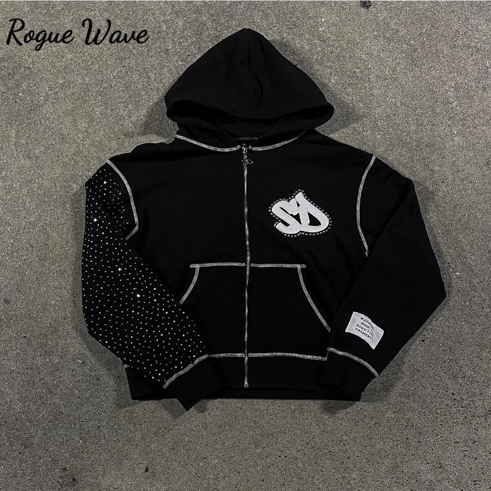 RogueWave Американская Мода Вышивка Индивидуальность Блестящие Бриллианты Оверсайз Худи на Молнии Мужская Y2K Новая Харадзюку Готика Повседневная Толстовка