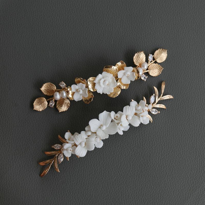 Ceramic Flower Hairpin Gorgeous Zircon Spring Side Clip Romantic Copper Leaf Wedding Hair Accessories Pearl Prom Jewelry
